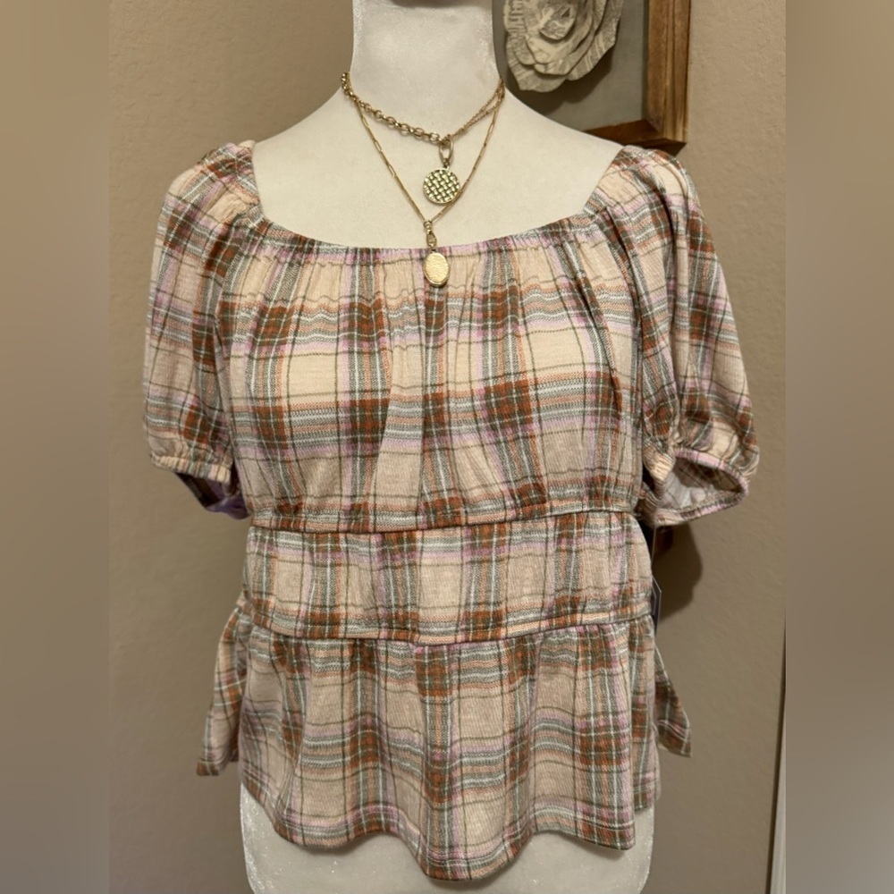 JOLT Women’s Plaid Print Short Puff Sleeve Flutter Top Size Large NWT - Picture 4 of 11